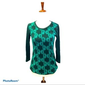 Emerald Green Floral Fitted Long Sleeve Scoop Neck Top XXS‎